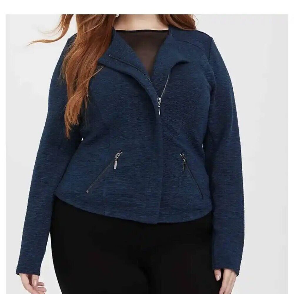 Torrid Blue Knit Textured Moto Jacket Blazer Size 3 3X Long Sleeves Zipper